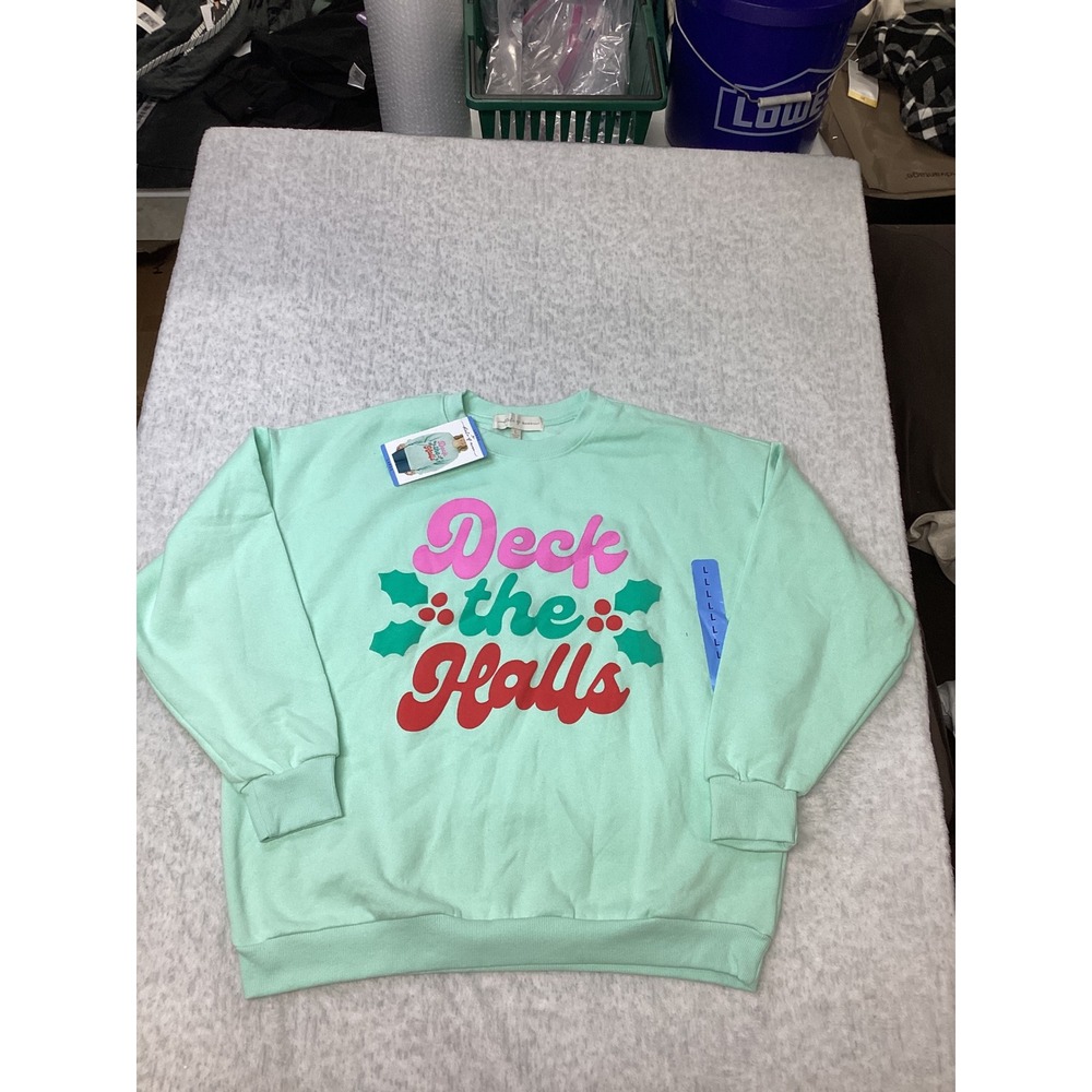 State of Mine Womens Deck the Halls Christmas Sweatshirt Mint Green Large NWT